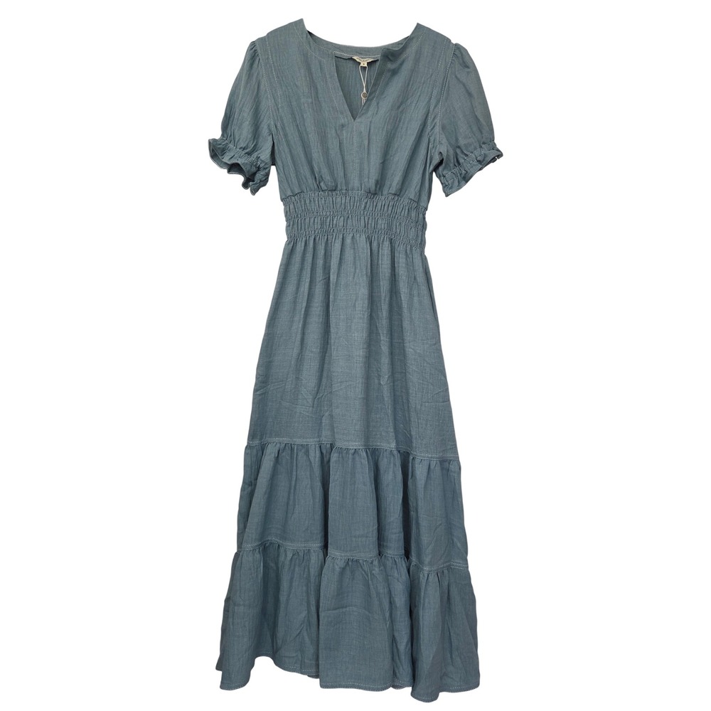 Max Studio Ruffle Sleeve Tiered Maxi Dress Smocked S Blue NWT $188 4905P60